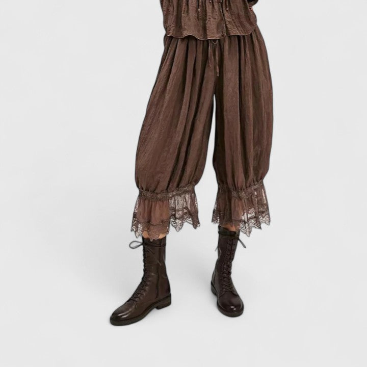 Women's Trousers with Lace Trim and Relaxed Fit - Brown