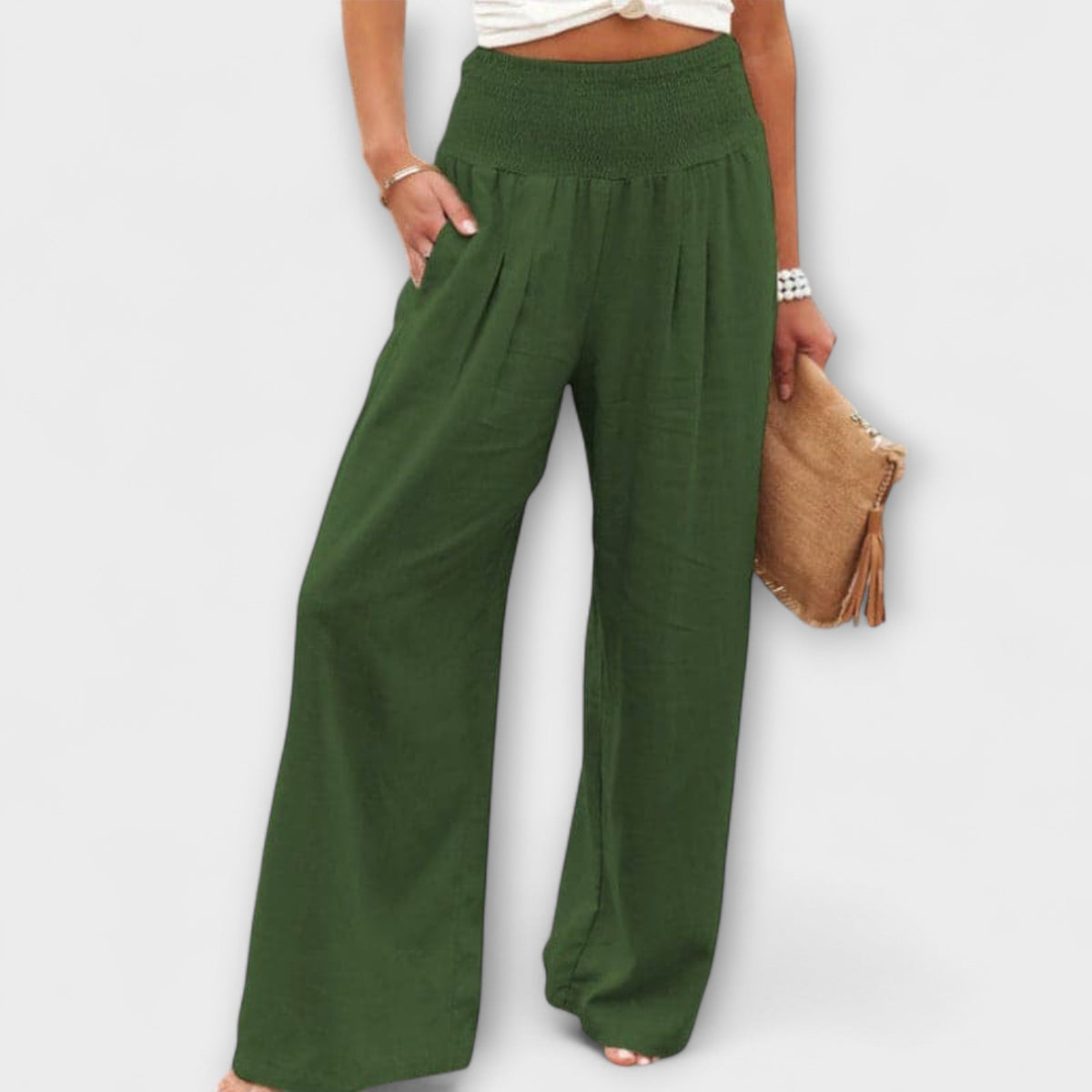 Women's Wide Leg Trousers with Mid-Rise Waistband - Green