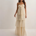 Women's Strapless Maxi Dress with Tiered Skirt and Bow Detail - Champagne