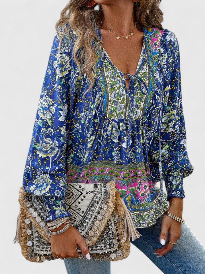 Women's Long Sleeve Blouse with Tie Neck and Floral Print - 5