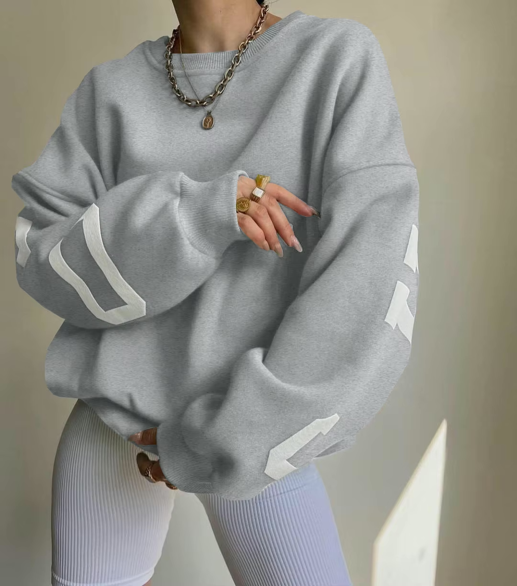Women's Oversized Sweatshirt with City Print and Crew Neck - Light Grey