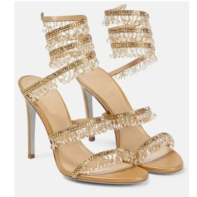 Women's Heeled Sandals with Wraparound Ankle Strap and Diamante Detail - Gold