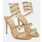 Women's Heeled Sandals with Wraparound Ankle Strap and Diamante Detail - Gold