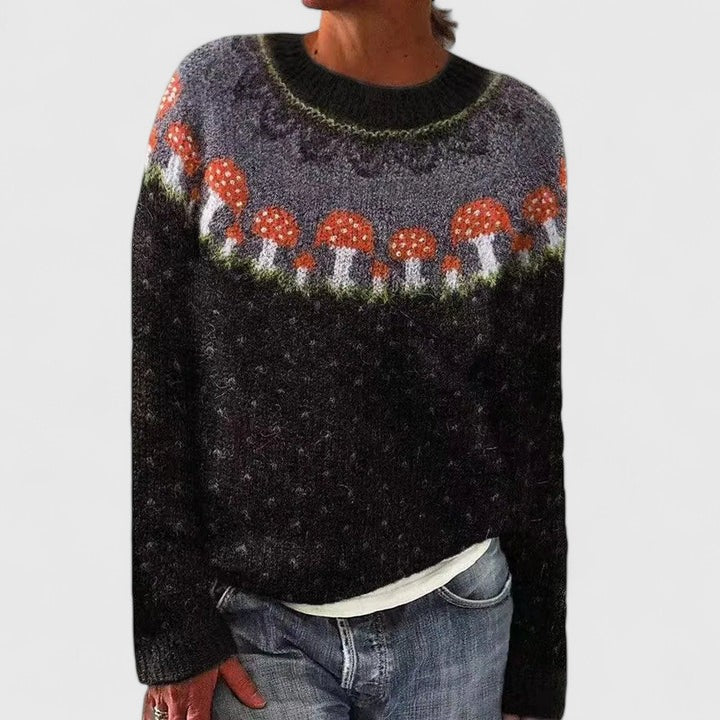 Women's Jumper Long Sleeve with Fair Isle Pattern and Round Neck - Black