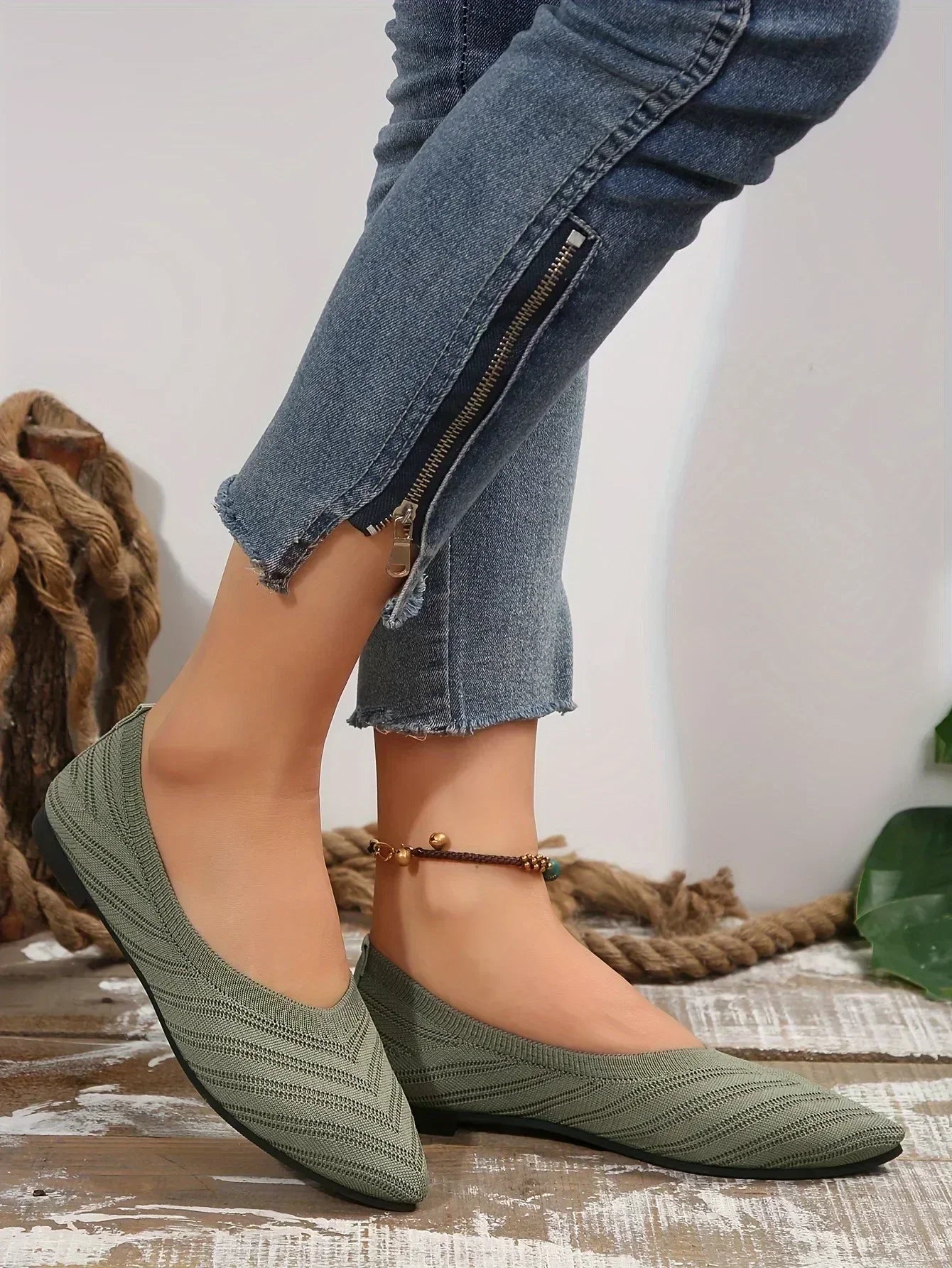 Women's Ballet Flats Pointed Toe with Stretch Knit Upper - Olive Green