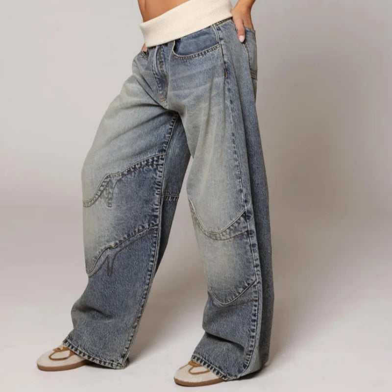 Women's Baggy Wide Leg Jeans with Rib Waistband - 3
