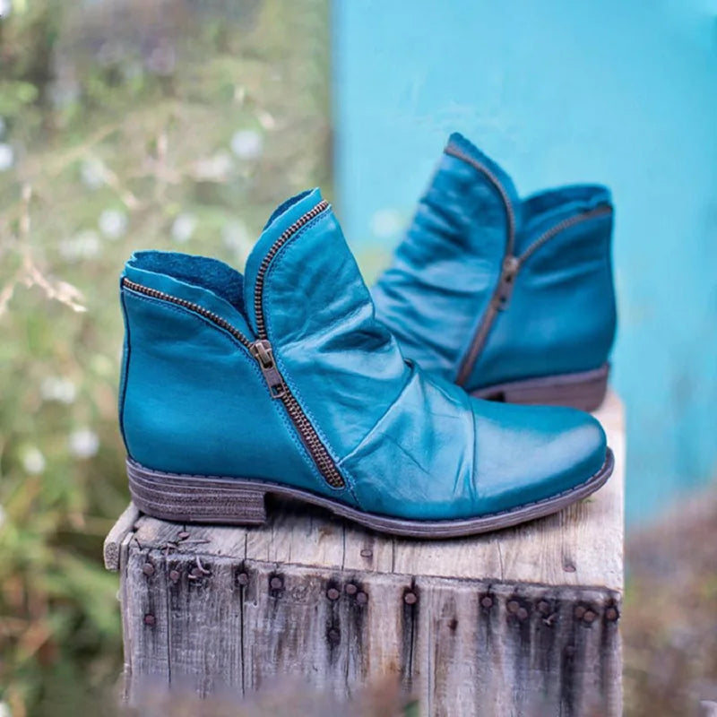 Women's Ankle Boots with Ruched Faux Leather and Side Zip - Blue