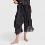 Women's Trousers with Lace Trim and Relaxed Fit - Black