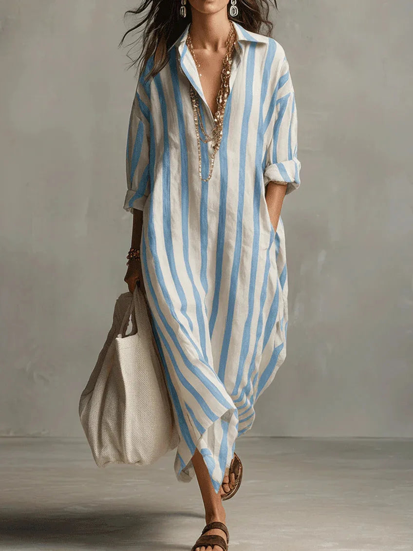Women's Striped Maxi Dress Relaxed Fit with Collar and Long Sleeves - Blue