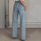 Women's High-Waist Straight-Leg Jeans with Diamante Detailing - 4