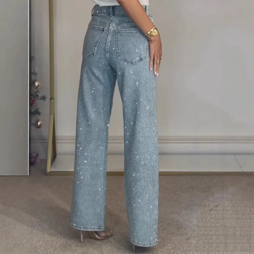Women's High-Waist Straight-Leg Jeans with Diamante Detailing - 4