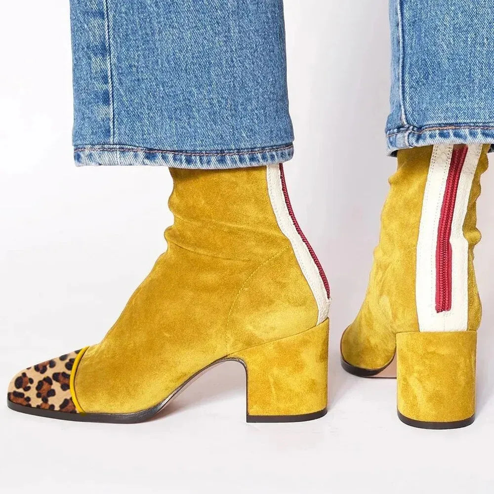 Women's Ankle Boots with Block Heel and Contrast Panel