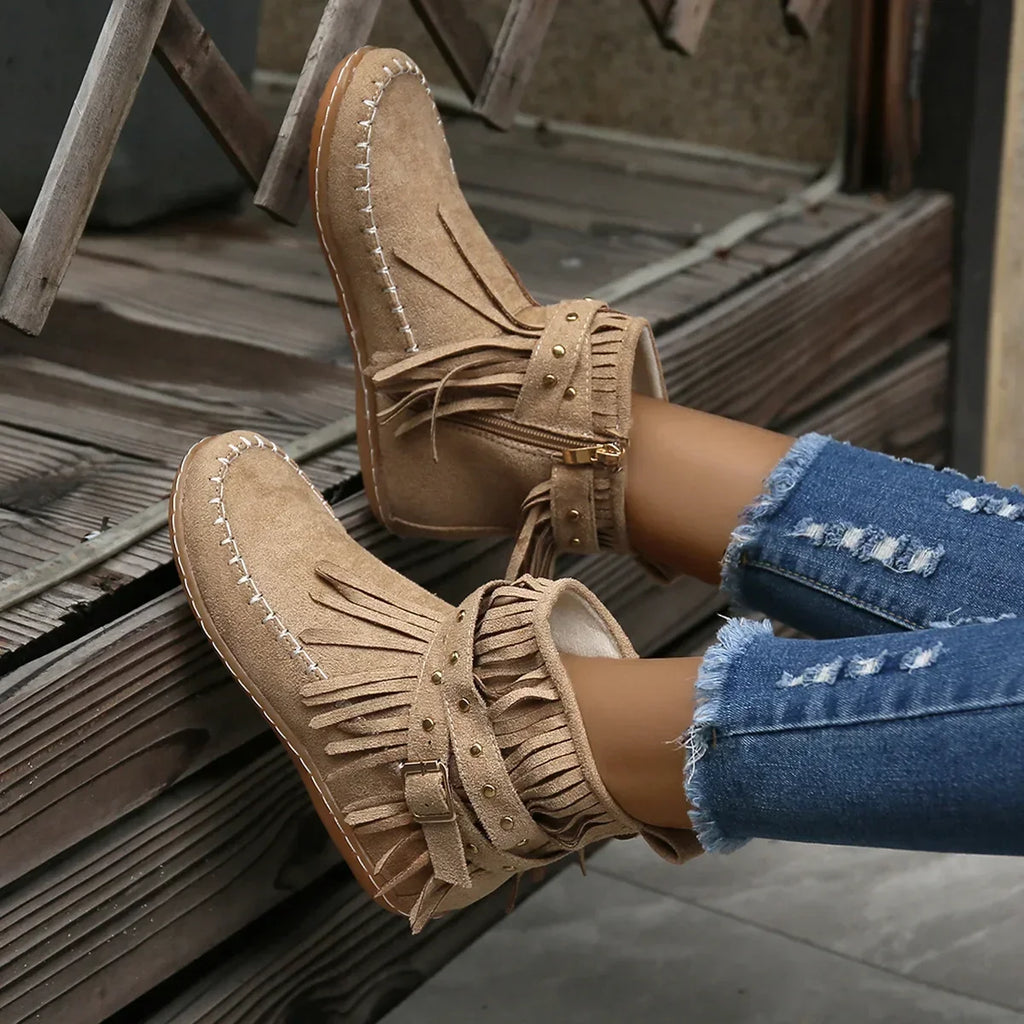 Women's Ankle Boots with Fringe and Studs, Western Boho Style - 9
