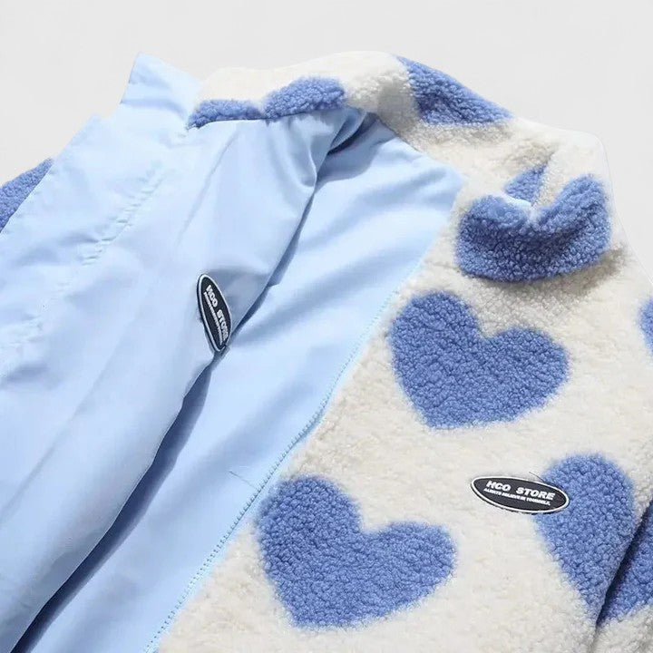 Women's Fleece Jacket with Heart Print and Stand Collar - 8