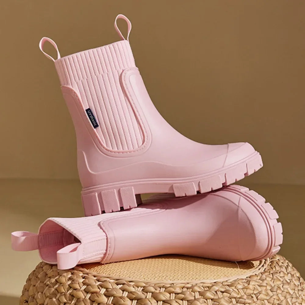 Women's Chelsea Rain Boots with Elastic Panels and Comfort Sole - 4