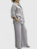 Women's Two-Piece Set Long Sleeve Shirt with Wide-Leg Trousers - Grey