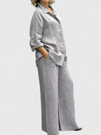 Women's Two-Piece Set Long Sleeve Shirt with Wide-Leg Trousers - Grey