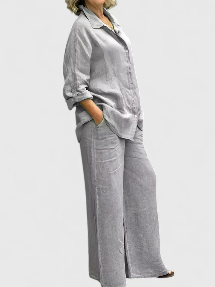 Women's Two-Piece Set Long Sleeve Shirt with Wide-Leg Trousers - Grey
