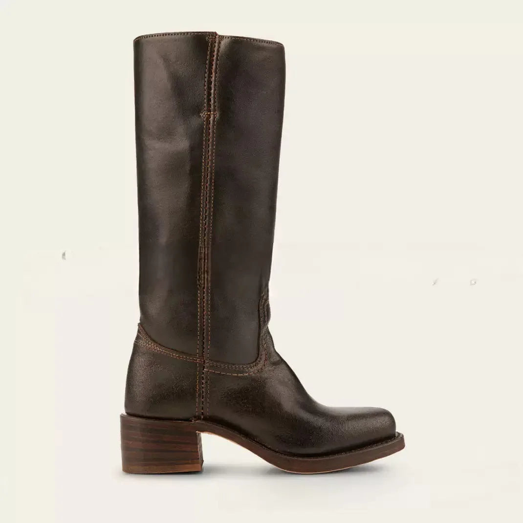 Women's Western Boots with High Shaft and Stacked Heel - Dark Brown