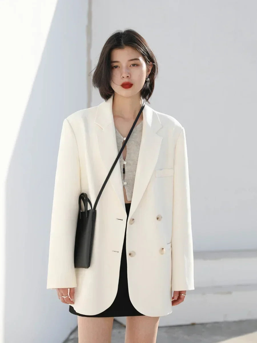 Women's Tailored Blazer Double Breasted with Notched Lapel - Ivory