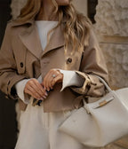 Women's Cropped Trench Coat with Double-Breasted Buttons and Belted Cuffs - 5