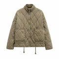 Women's Quilted Jacket with Pockets and Drawstring Waist - Army Green