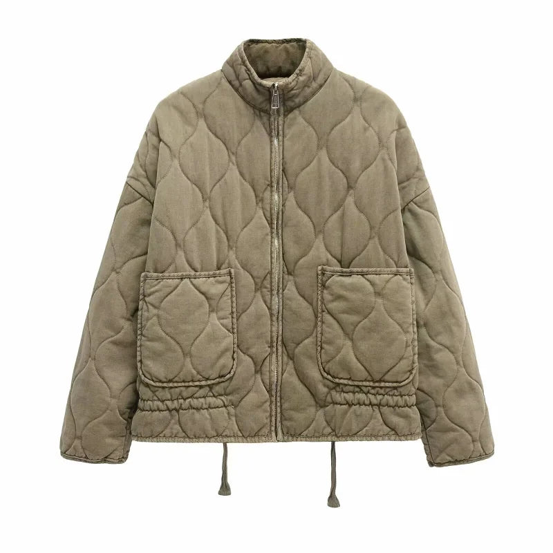 Women's Quilted Jacket with Pockets and Drawstring Waist - Army Green