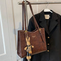 Women's Tote Bag with Detachable Bunny Charm - Brown