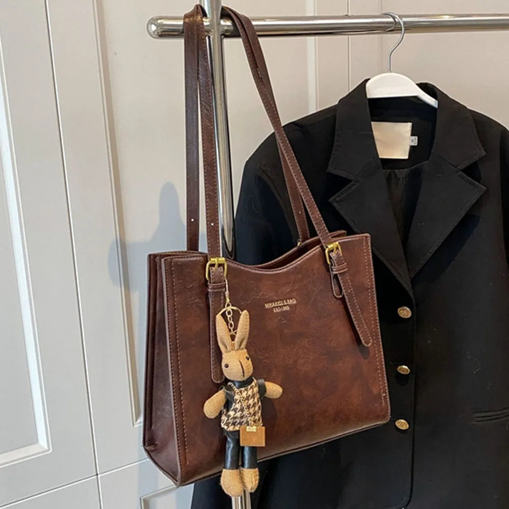 Women's Tote Bag with Detachable Bunny Charm - Brown
