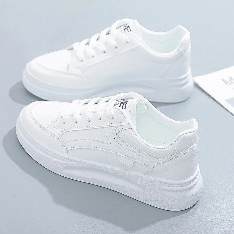 Women's Lace-Up Sneakers with Chunky Sole and Contrast Panel - White