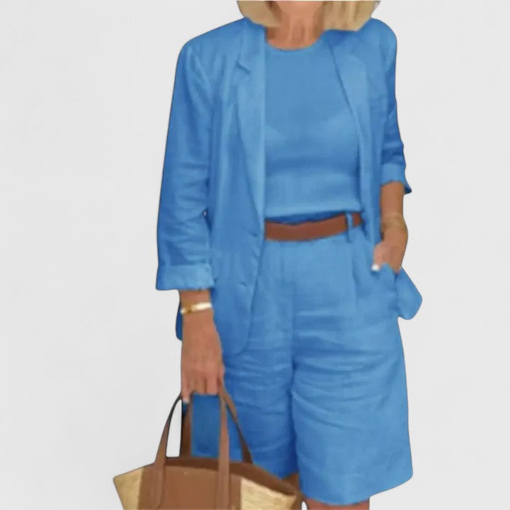 Women's Blazer and Shorts Two-Piece Set with High-Waisted Fit - Blue