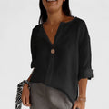 Women's Blouse Loose Fit V-Neck with Front Knot Detail - Black