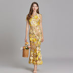 Women's Midi Dress Floral Appliqué with High Neckline and Sheer Sleeves - 9