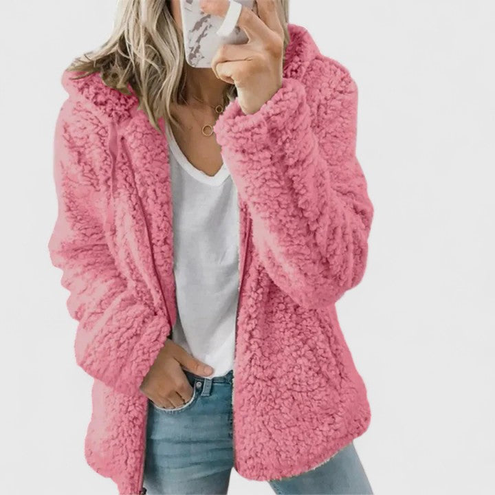 Women's Textured Longline Jacket with Hood and Zip Fastening - Hot Pink