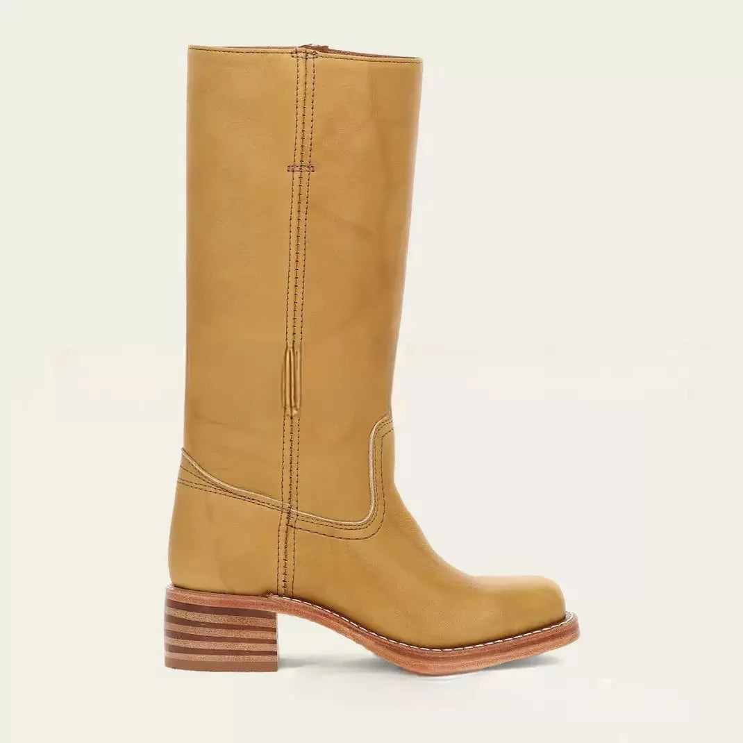 Women's Western Boots with High Shaft and Stacked Heel - Ochre Yellow