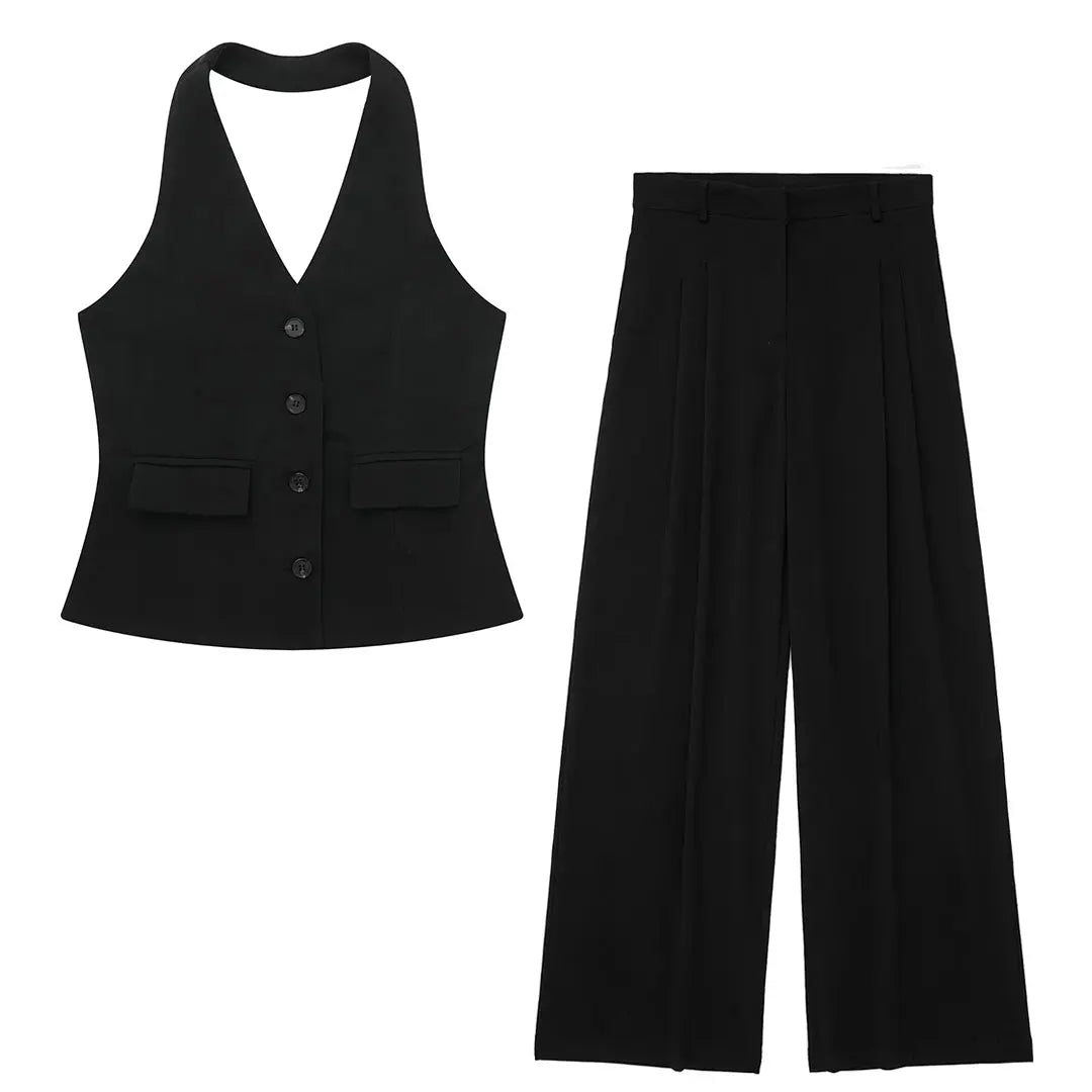 Women Halter Waistcoat and Trouser Co-ord Set with Wide Leg - Black