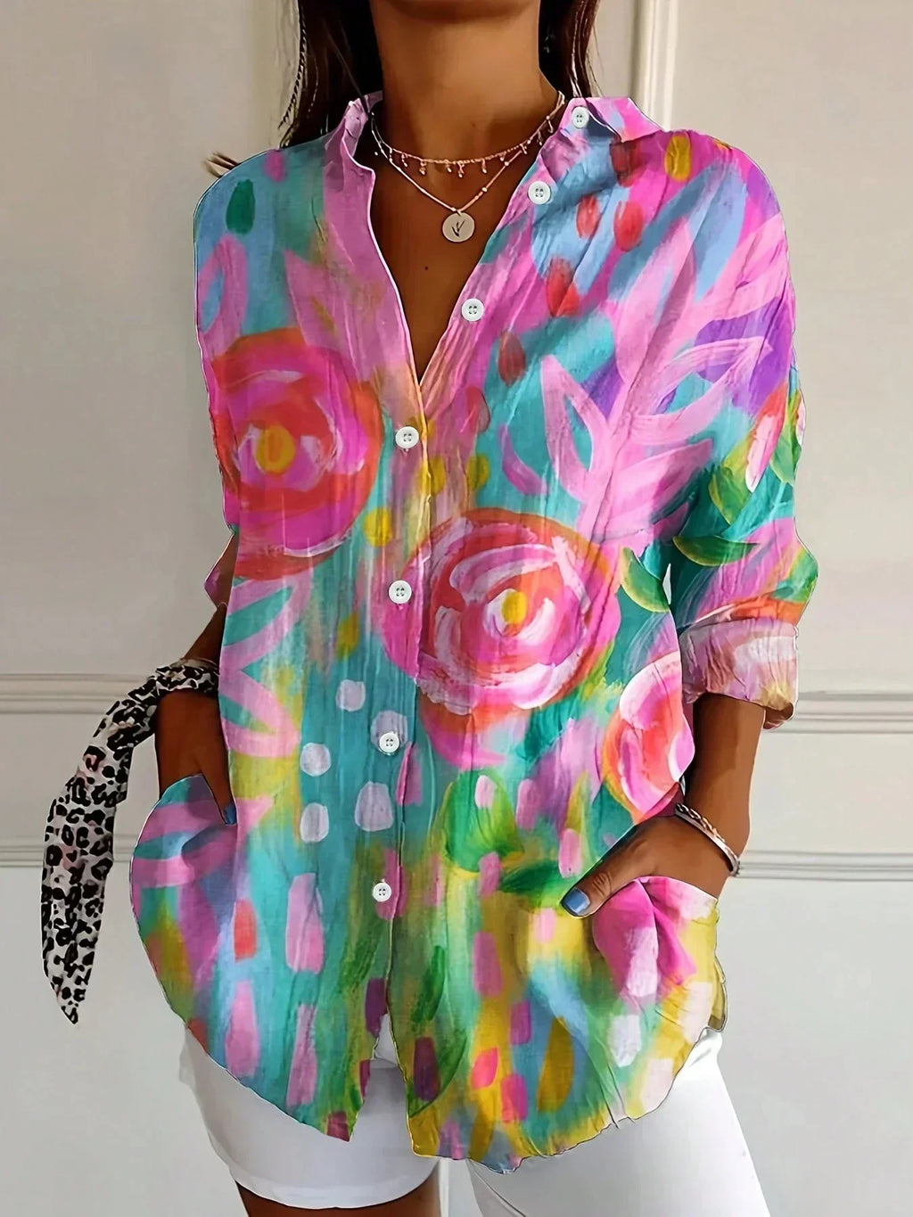 Women Floral Print Button-Up Blouse with Classic Collar and Long Sleeves - Pink