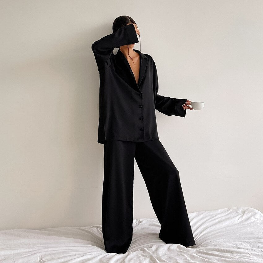 Satin Pyjama Set with Revere Collar and Wide Leg Trousers - Black