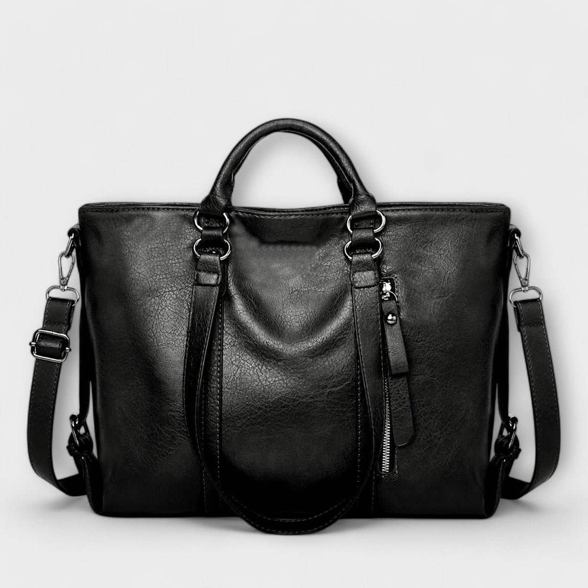 Women's Structured Work Handbag with Adjustable Shoulder Strap - Black