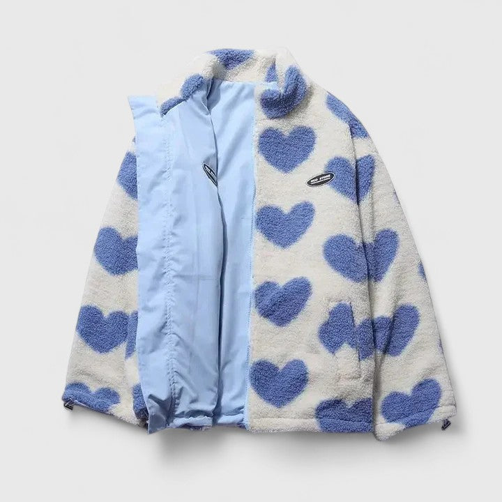 Women's Fleece Jacket with Heart Print and Stand Collar - Blue White
