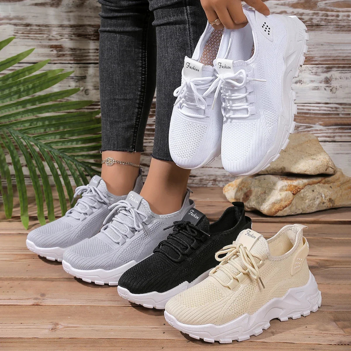 Women's Sneakers with Mesh Upper and Chunky Sole - 7