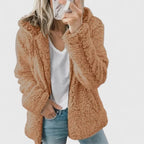 Women's Textured Longline Jacket with Hood and Zip Fastening - Coffee