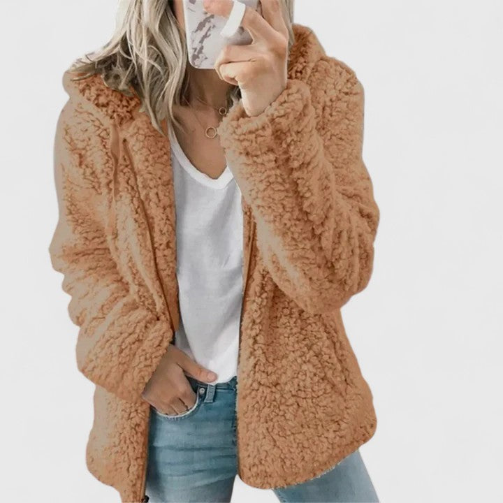 Women's Textured Longline Jacket with Hood and Zip Fastening - Coffee