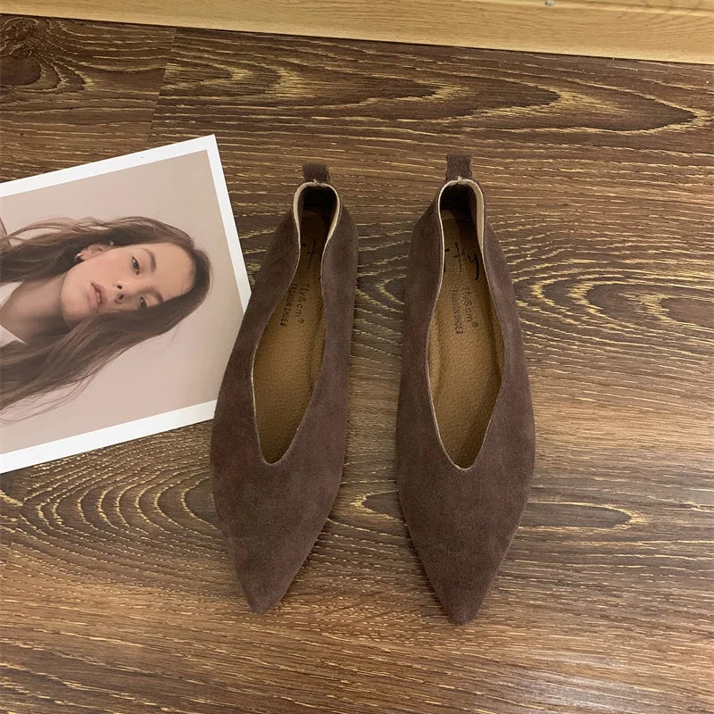 Women's Square-Toe Ballet Flats with Vintage Loafer Silhouette - Coffee