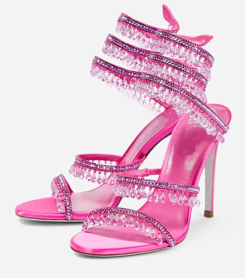 Women's Heeled Sandals with Wraparound Ankle Strap and Diamante Detail - 20