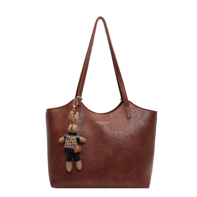 Women's Tote Bag with Detachable Charm and Vintage Finish - Brown