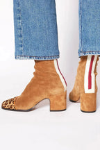 Women's Ankle Boots with Block Heel and Contrast Panel - Brown