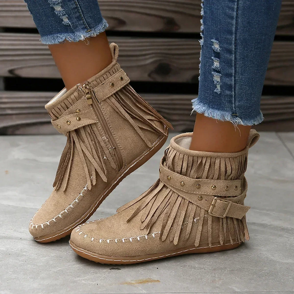 Women's Ankle Boots with Fringe and Studs, Western Boho Style - 8