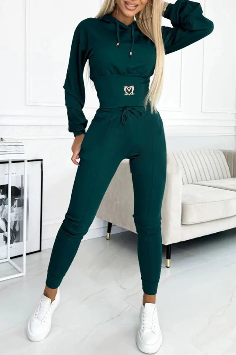 Women's Hooded Two-Piece Tracksuit with Cropped Top and Skinny Joggers - Dark Green