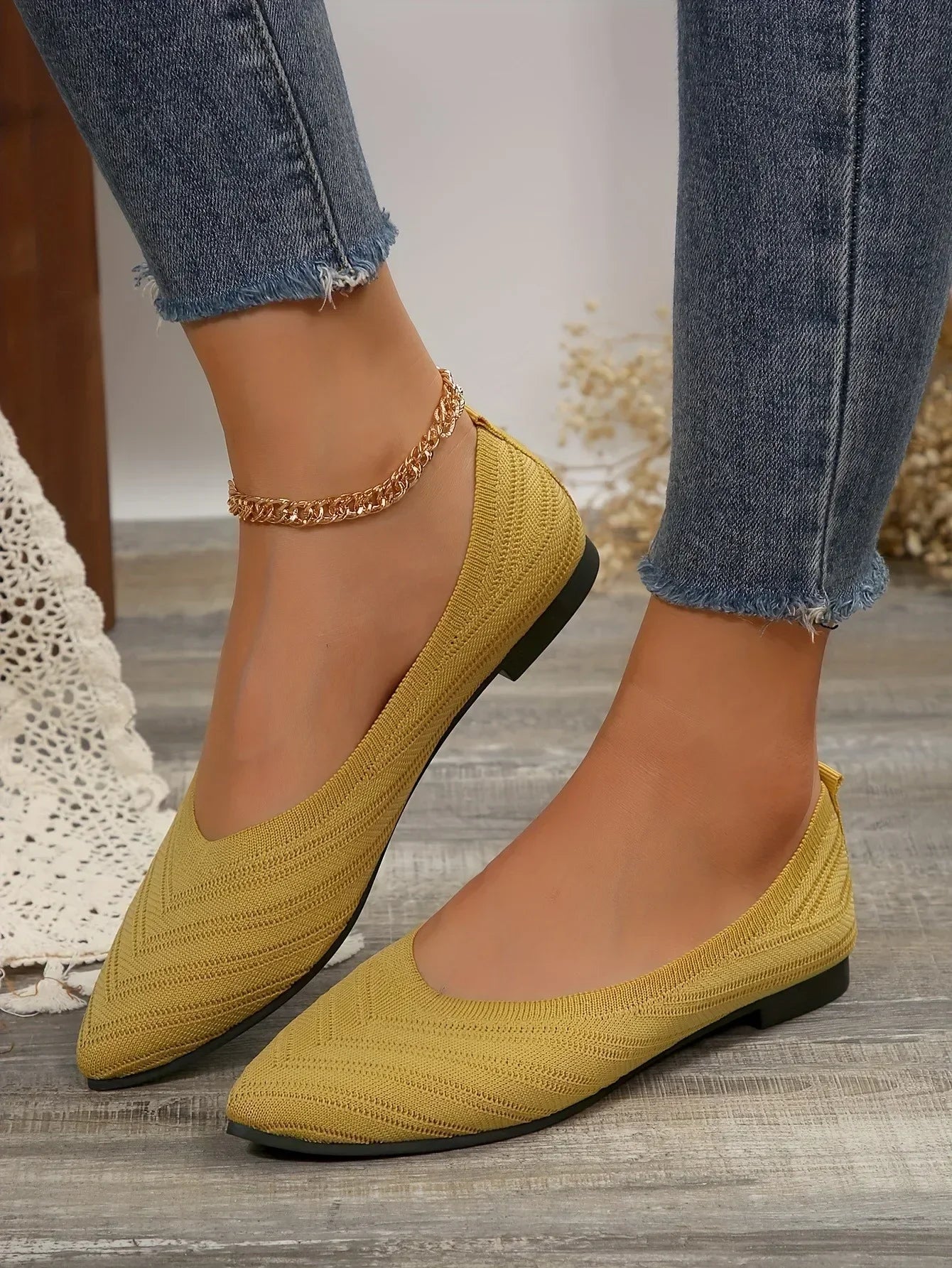 Women's Ballet Flats Pointed Toe with Stretch Knit Upper - Mustard Yellow